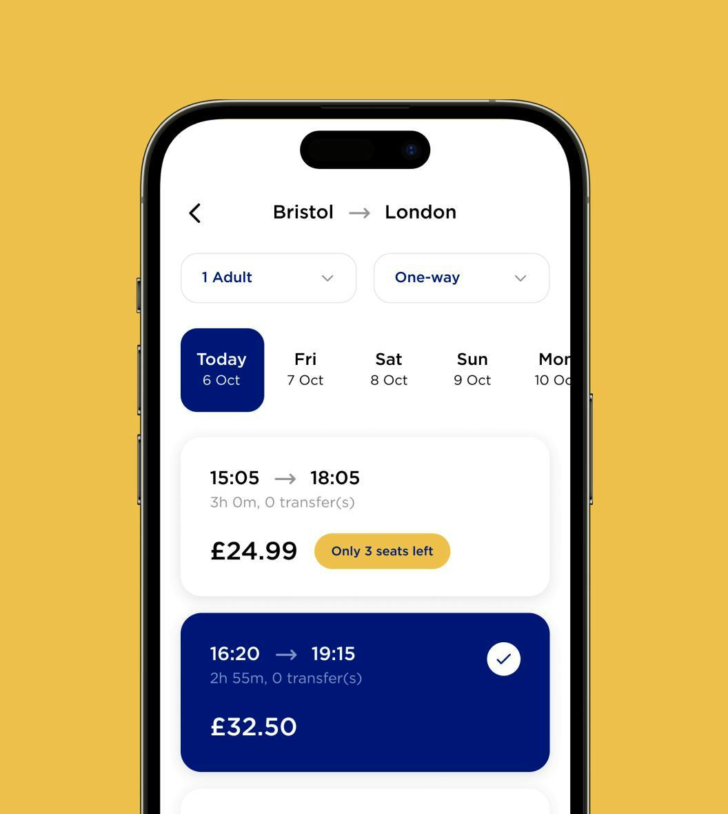 smartphone showing ticket selecting in Megabus mobile app