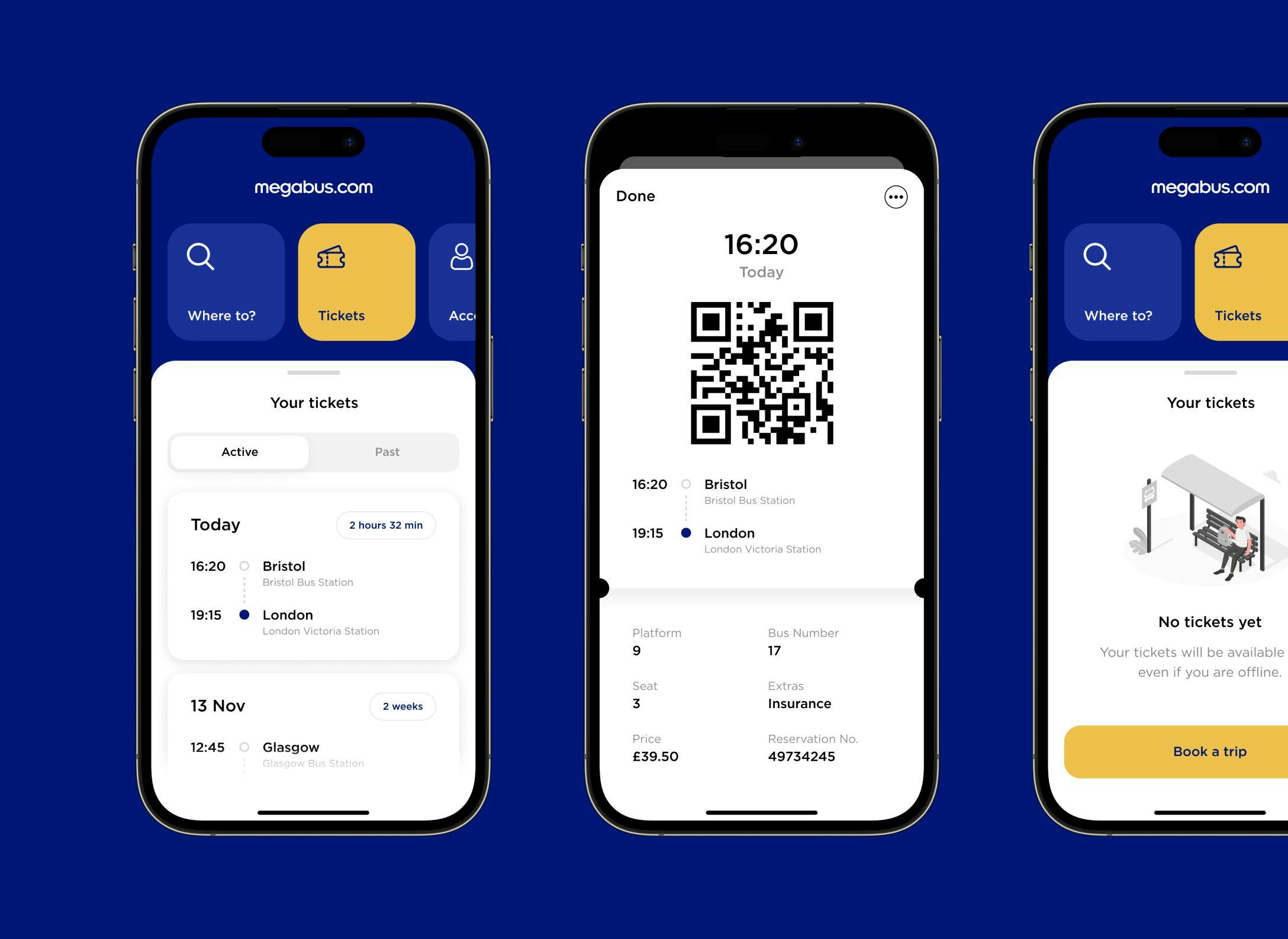 three smartphones showing ticket buying in Megabus mobile app