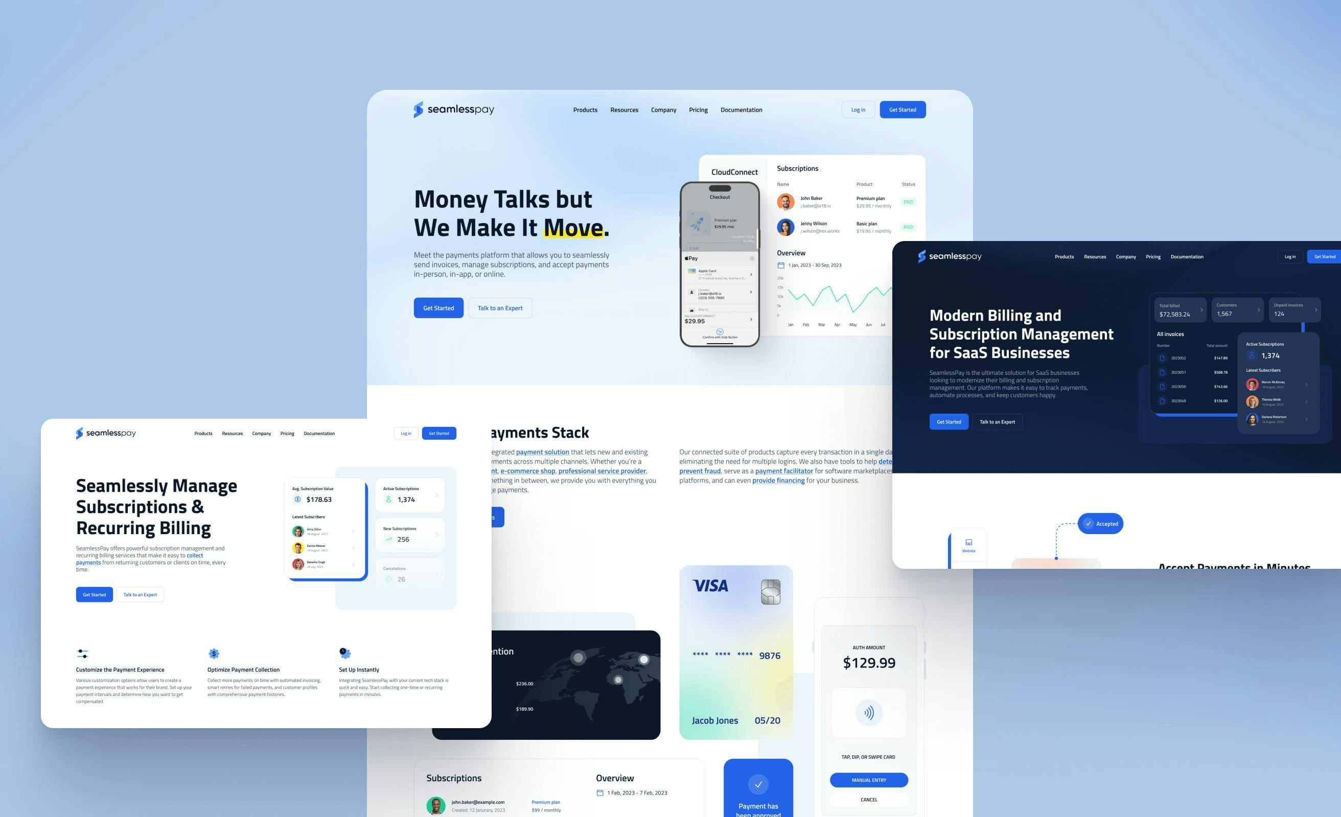 mix of mockups showing SeamlessPay website